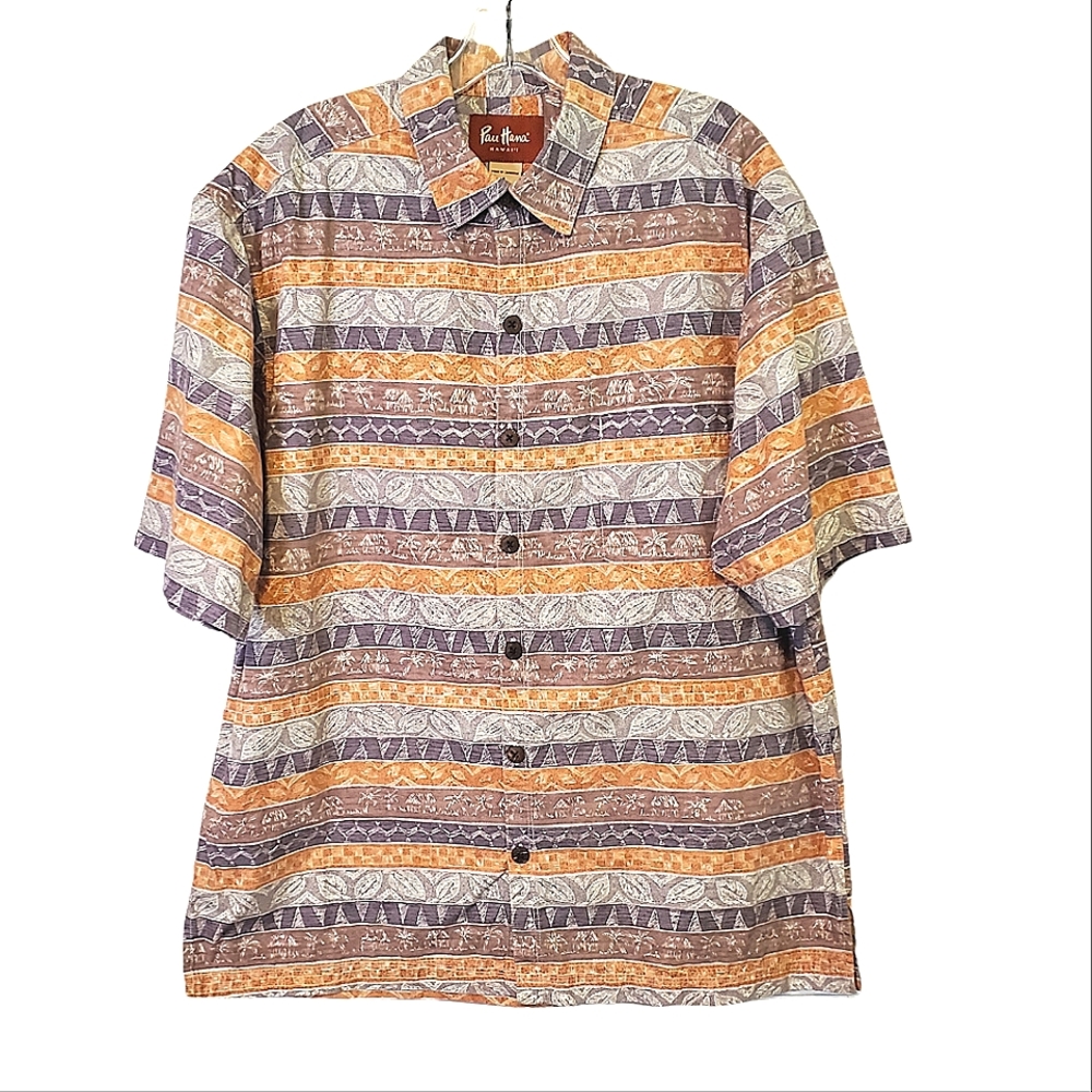PAU HANA | Men's orange and blue striped Hawaiian-style shirt. Size large.